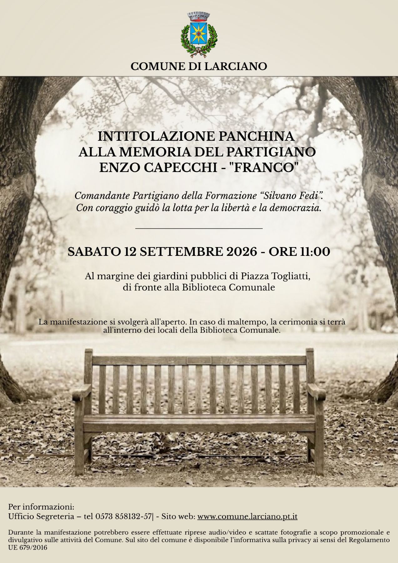 Intitolazione panchina alla memoria del partigiano Enzo Capecchi 'Franco' – Larciano 12-09-26